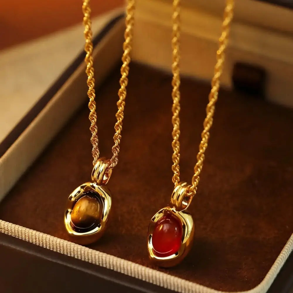 Buddha Stones Tiger Eye Red Agate Copper Plated Gold Chain Properity Necklace Pendant - BWOOOH - Necklaces & Pendants