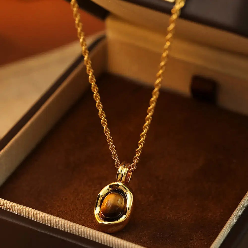 Buddha Stones Tiger Eye Red Agate Copper Plated Gold Chain Properity Necklace Pendant - BWOOOH - Tiger Eye(Size: About
