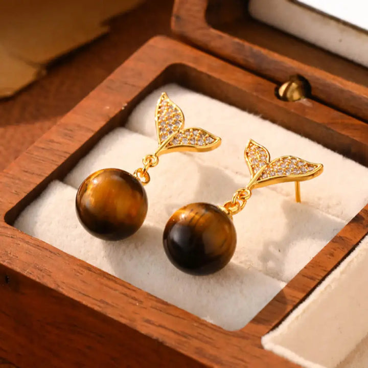 Buddha Stones Tiger Eye Round Bead Fish Tail Irregular Design Protection Earrings - Fish Tail(925 Sterling Silver