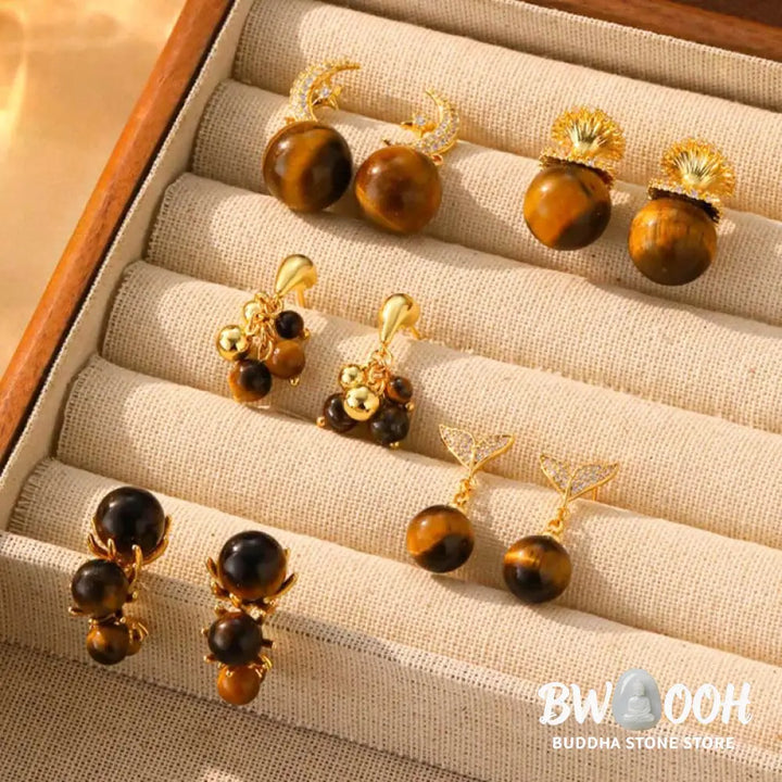 Buddha Stones Tiger Eye Round Bead Fish Tail Irregular Design Protection Earrings - Earrings