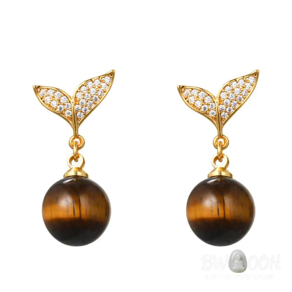 Buddha Stones Tiger Eye Round Bead Fish Tail Irregular Design Protection Earrings - Earrings