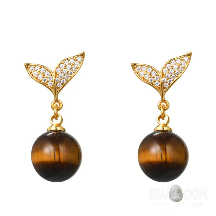 Buddha Stones Tiger Eye Round Bead Fish Tail Irregular Design Protection Earrings - Earrings