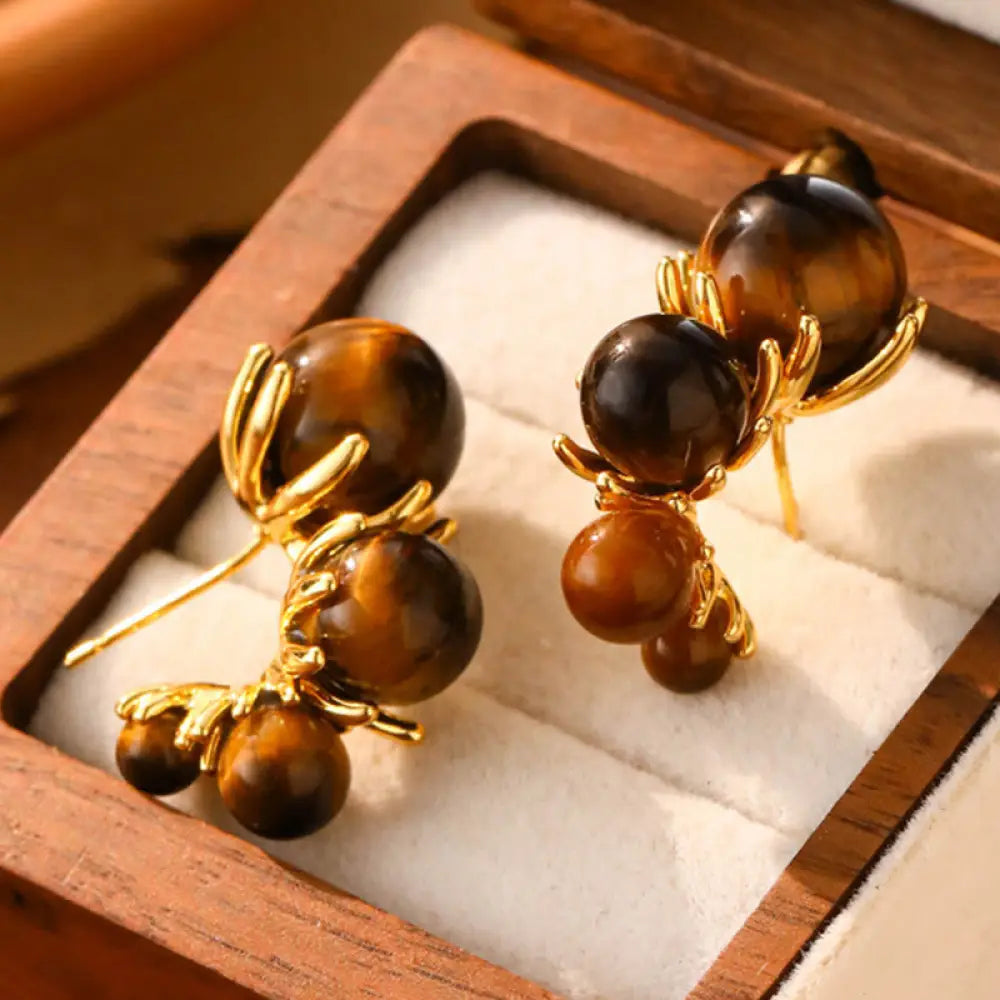 Buddha Stones Tiger Eye Round Bead Fish Tail Irregular Design Protection Earrings - C-shape(925 Sterling Silver Posts)