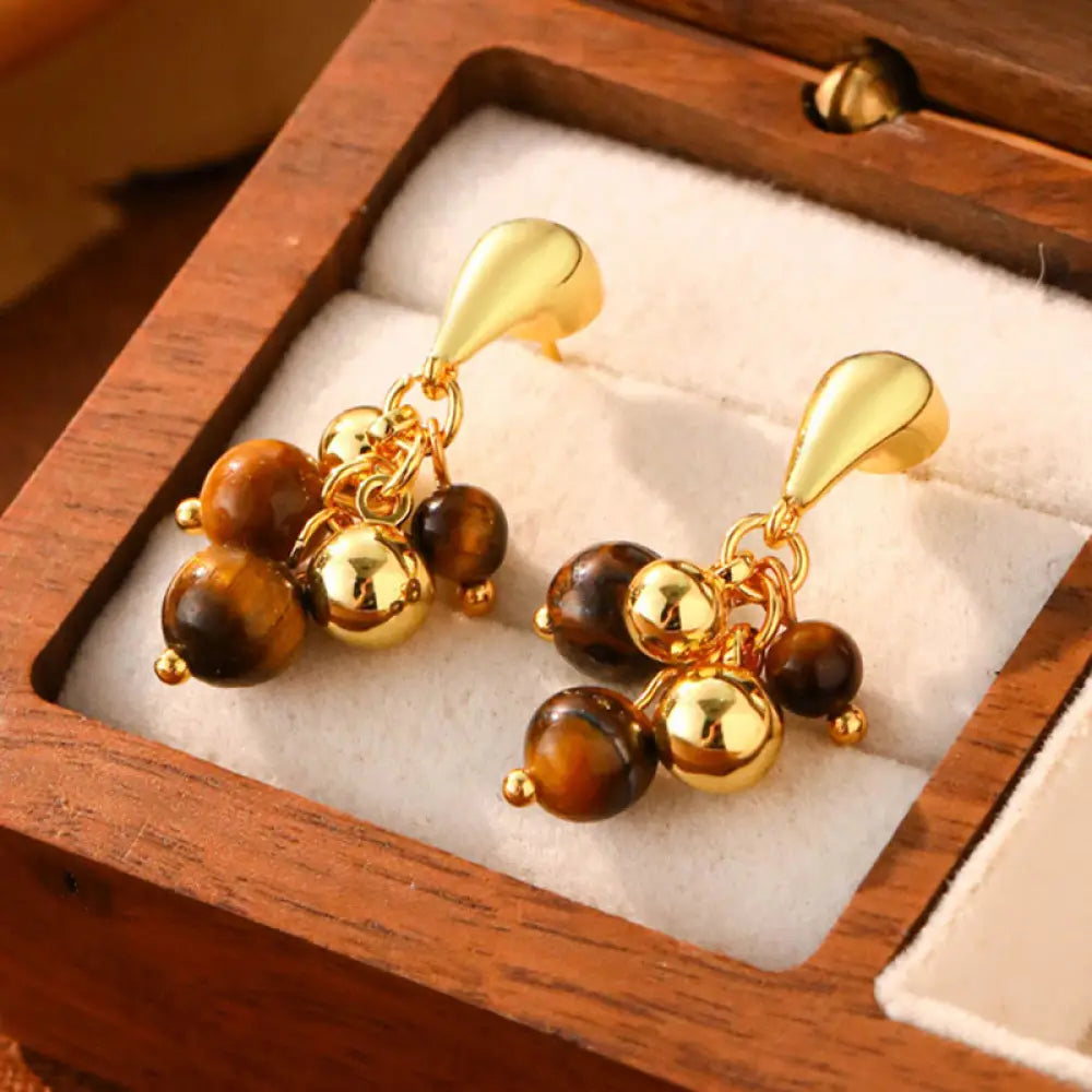 Buddha Stones Tiger Eye Round Bead Fish Tail Irregular Design Protection Earrings - Grape(925 Sterling Silver Posts)