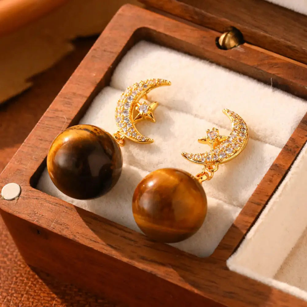 Buddha Stones Tiger Eye Round Bead Fish Tail Irregular Design Protection Earrings - Moon(925 Sterling Silver Posts)