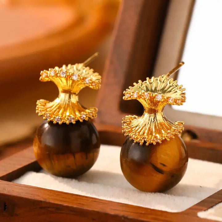 Buddha Stones Tiger Eye Round Bead Fish Tail Irregular Design Protection Earrings - Spiral(925 Sterling Silver Posts)