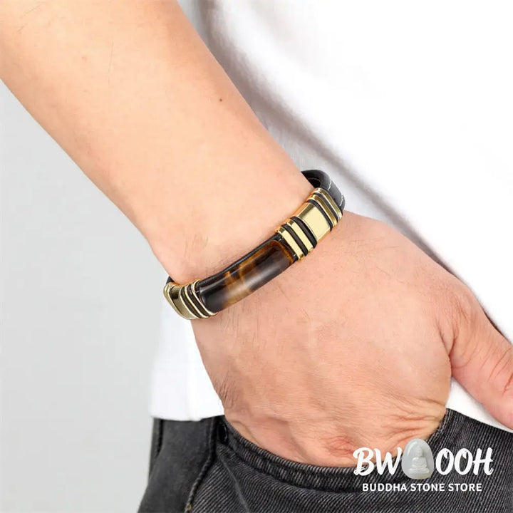 Buddha Stones Tiger Eye Stone Clear Thinking Leather Buckle Bracelet - BWOOOH - Bracelet