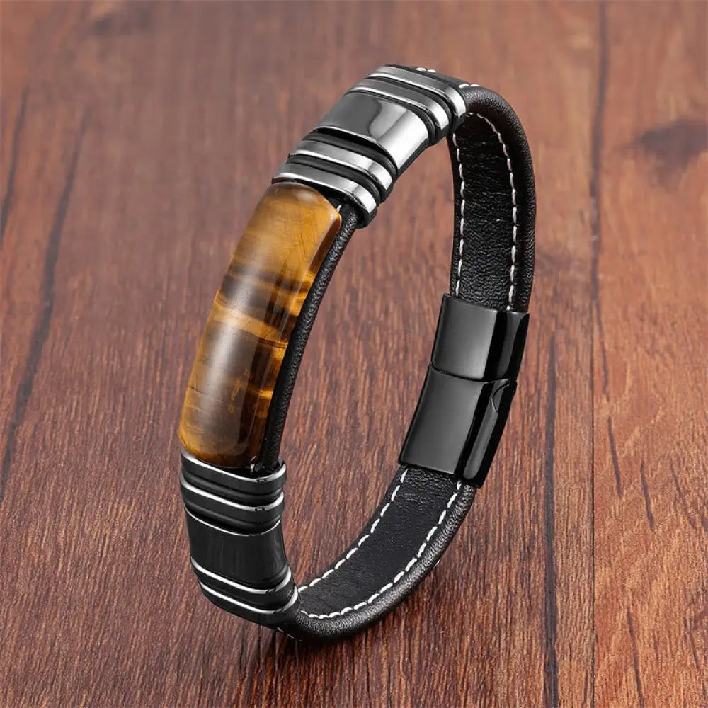 Buddha Stones Tiger Eye Stone Clear Thinking Leather Buckle Bracelet - BWOOOH - Tiger Eye-Black / 16-18cm - Bracelet