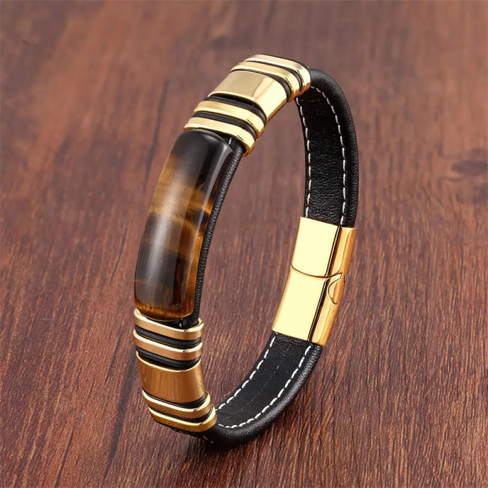 Buddha Stones Tiger Eye Stone Clear Thinking Leather Buckle Bracelet - BWOOOH - Tiger Eye-Gold / 16-18cm - Bracelet
