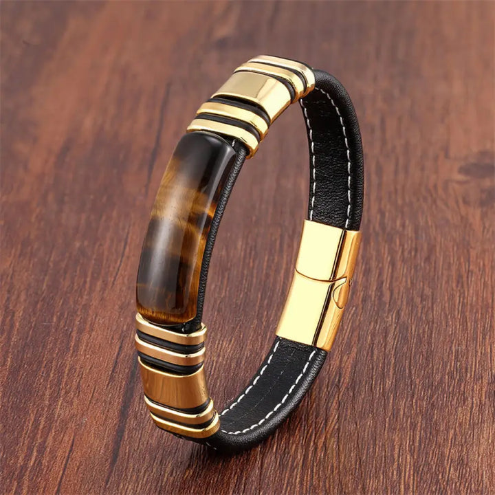 Buddha Stones Tiger Eye Stone Clear Thinking Leather Buckle Bracelet - BWOOOH - Tiger Eye-Gold / 16-18cm - Bracelet