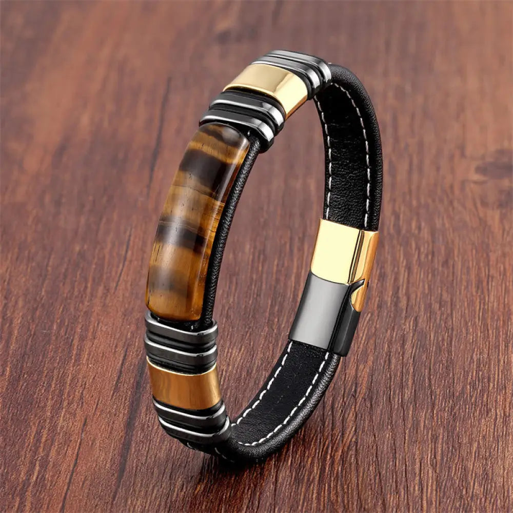 BWOOOH Tiger Eye Stone Clear Thinking Leather Buckle Bracelet - BWOOOH - Tiger Eye-Gold Black / 16-18cm