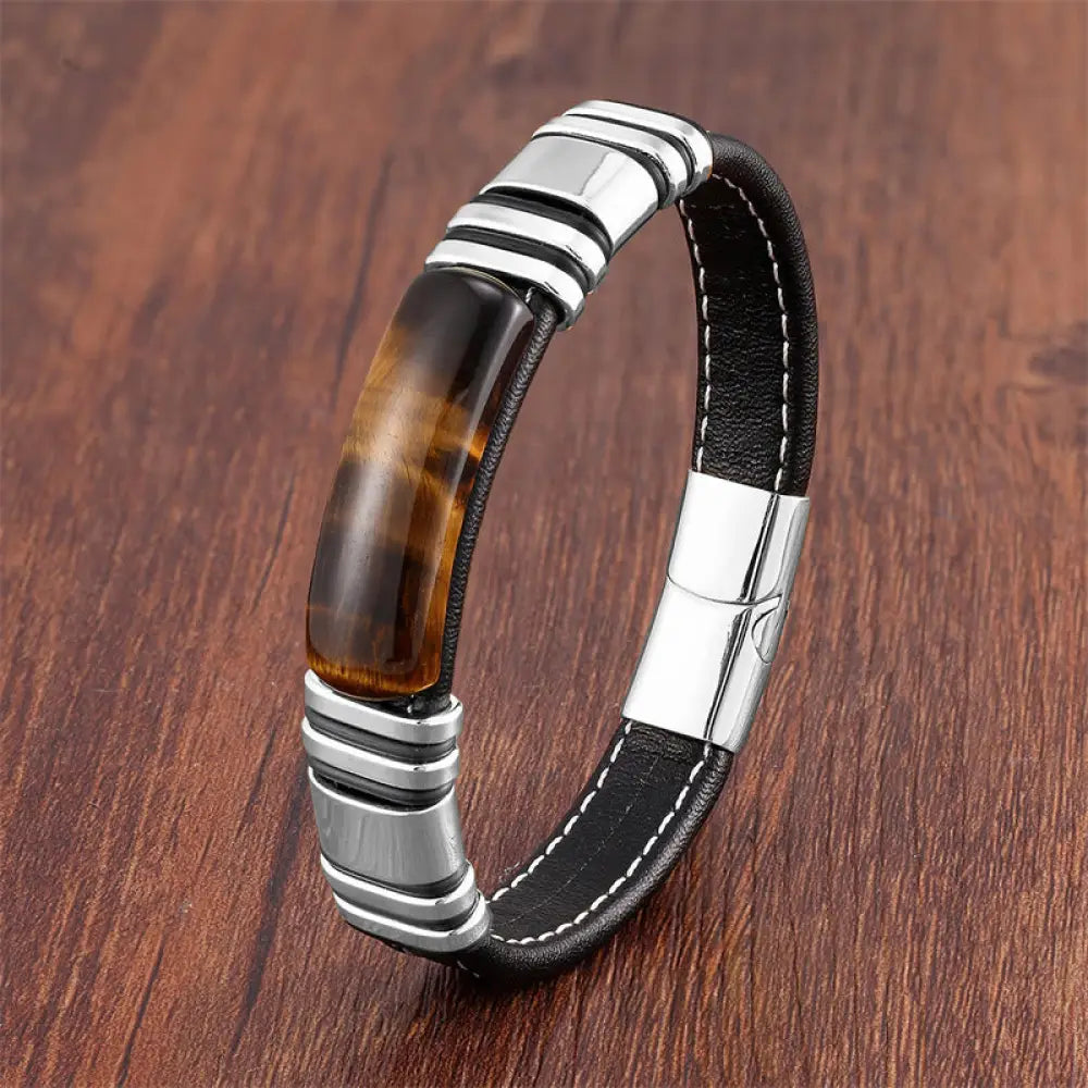 Buddha Stones Tiger Eye Stone Clear Thinking Leather Buckle Bracelet - BWOOOH - Tiger Eye-Silver / 16-18cm - Bracelet