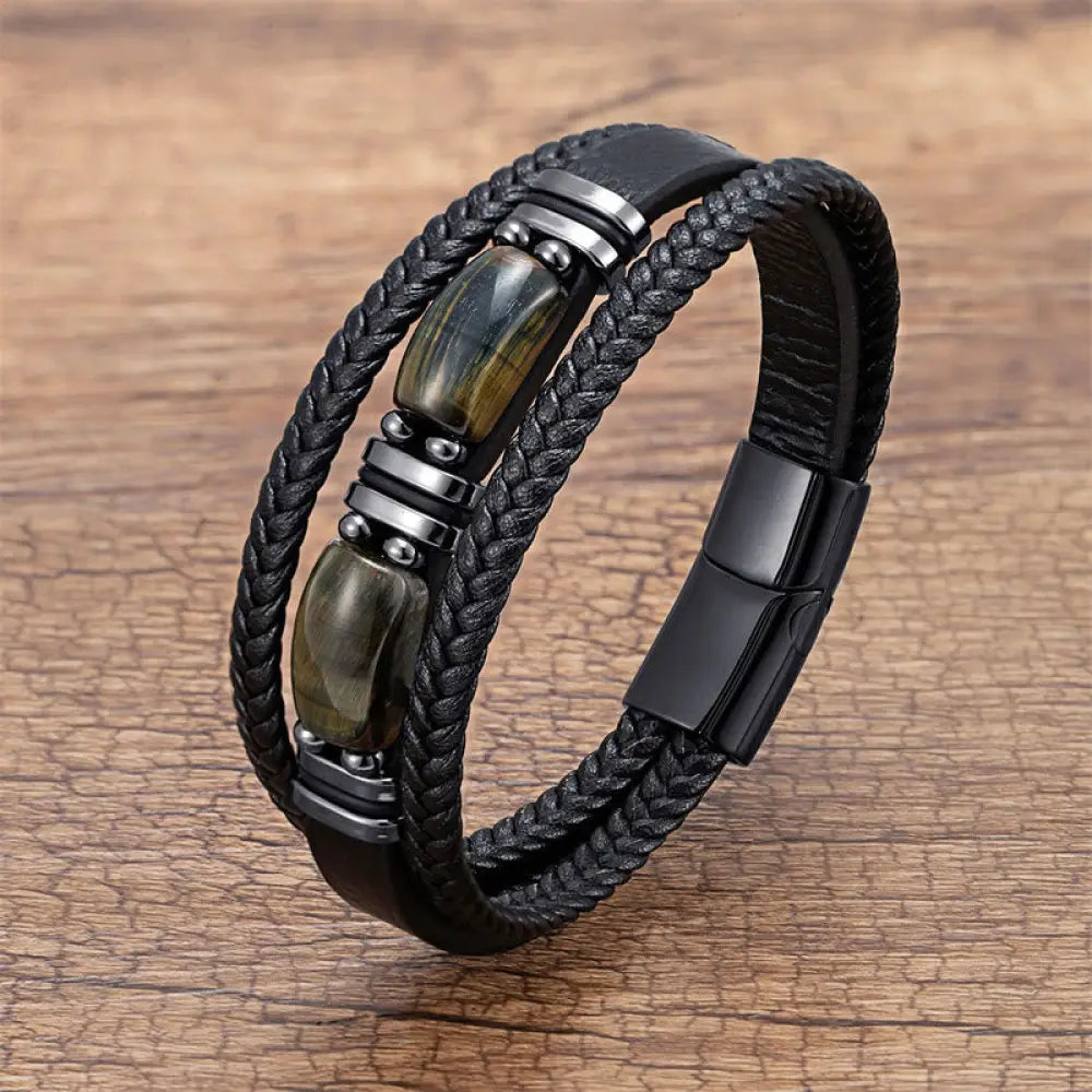 Buddha Stones Tiger Eye Stone Courage Willpower Multi-layer Leather Bracelet - BWOOOH - Black-Yellow Tiger Eye