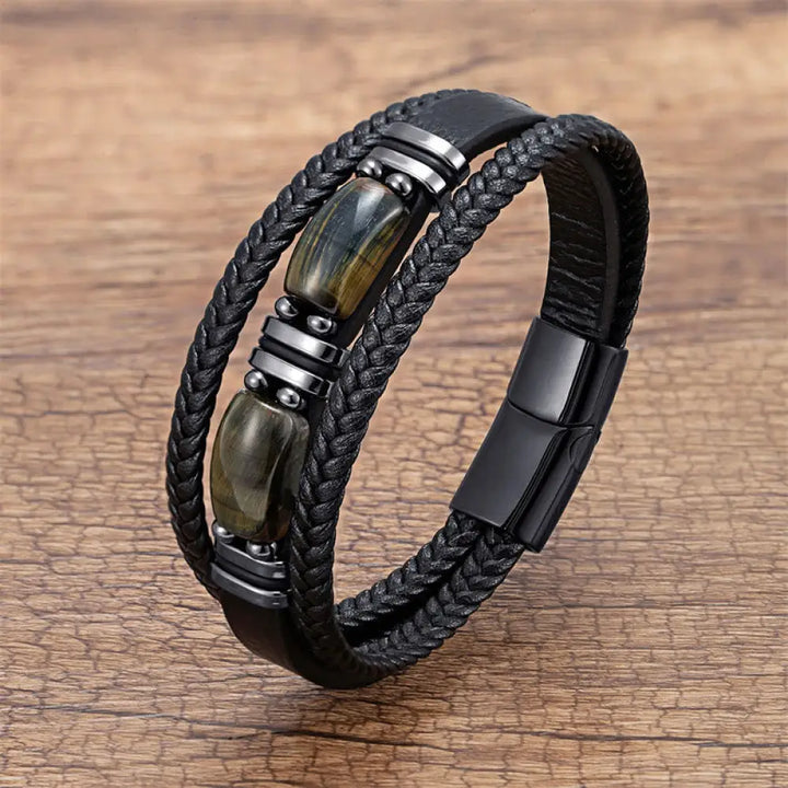 Buddha Stones Tiger Eye Stone Courage Willpower Multi-layer Leather Bracelet - BWOOOH - Black-Yellow Tiger Eye