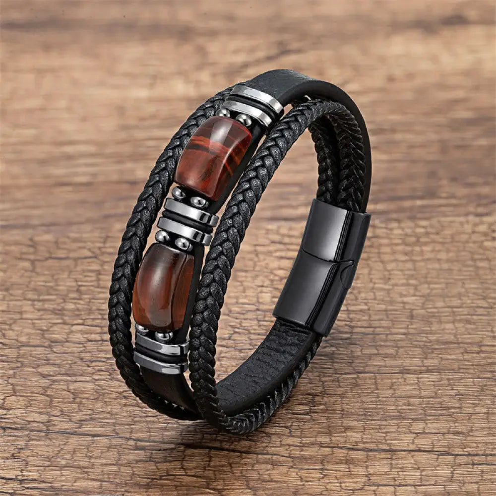 Buddha Stones Tiger Eye Stone Courage Willpower Multi-layer Leather Bracelet - BWOOOH - Brown-Red Tiger Eye / 16-18cm