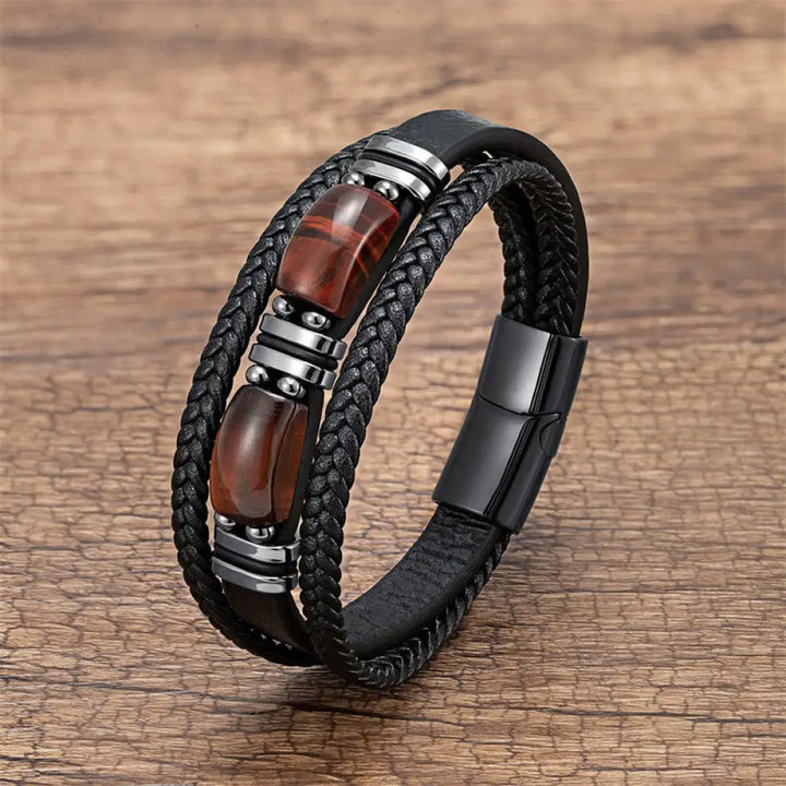 Buddha Stones Tiger Eye Stone Courage Willpower Multi-layer Leather Bracelet - BWOOOH - Brown-Red Tiger Eye / 16-18cm