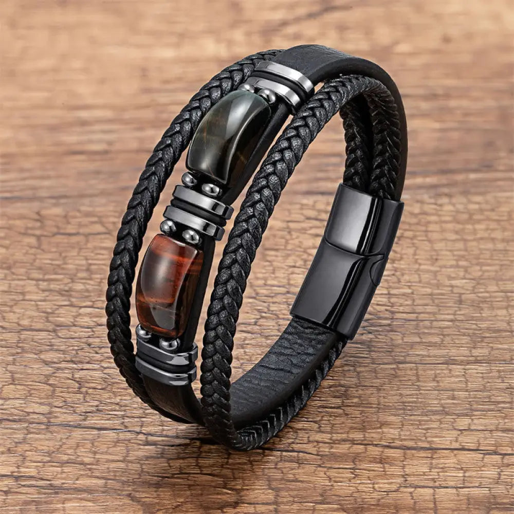 Buddha Stones Tiger Eye Stone Courage Willpower Multi-layer Leather Bracelet - BWOOOH - Brown-Red-Black Tiger Eye