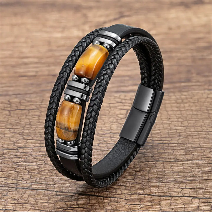 BWOOOH Tiger Eye Stone Courage Willpower Multi-layer Leather Bracelet - BWOOOH - Yellow Tiger Eye / 16-18cm