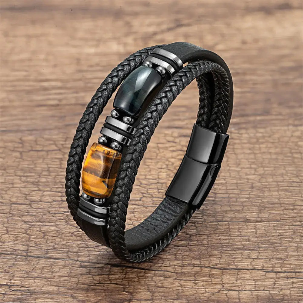 Buddha Stones Tiger Eye Stone Courage Willpower Multi-layer Leather Bracelet - BWOOOH - Yellow-Black Tiger Eye