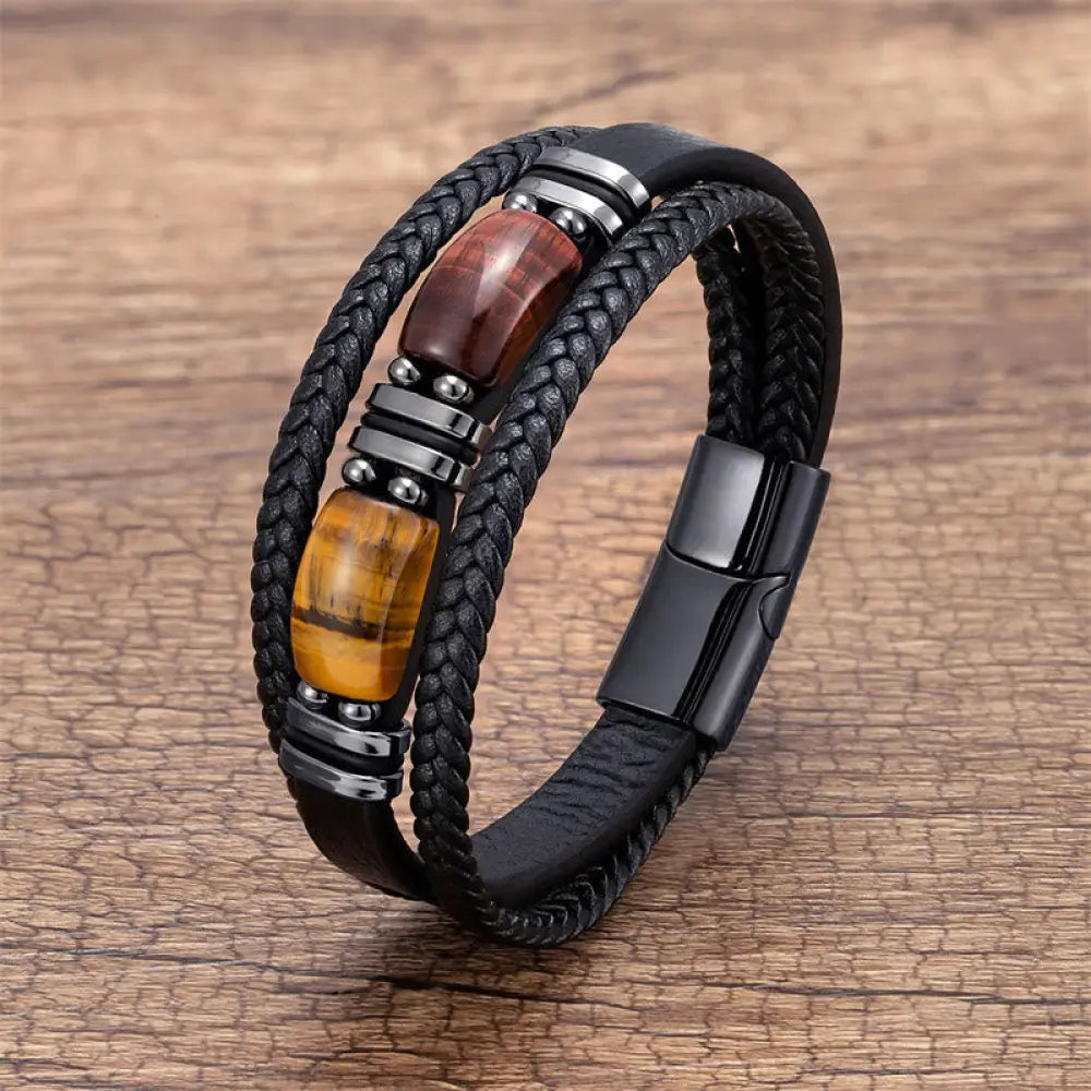 Buddha Stones Tiger Eye Stone Courage Willpower Multi-layer Leather Bracelet - BWOOOH - Yellow-Brown-Red Tiger Eye