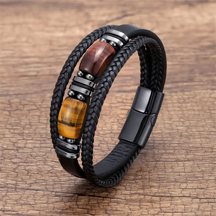 Buddha Stones Tiger Eye Stone Courage Willpower Multi-layer Leather Bracelet - BWOOOH - Yellow-Brown-Red Tiger Eye