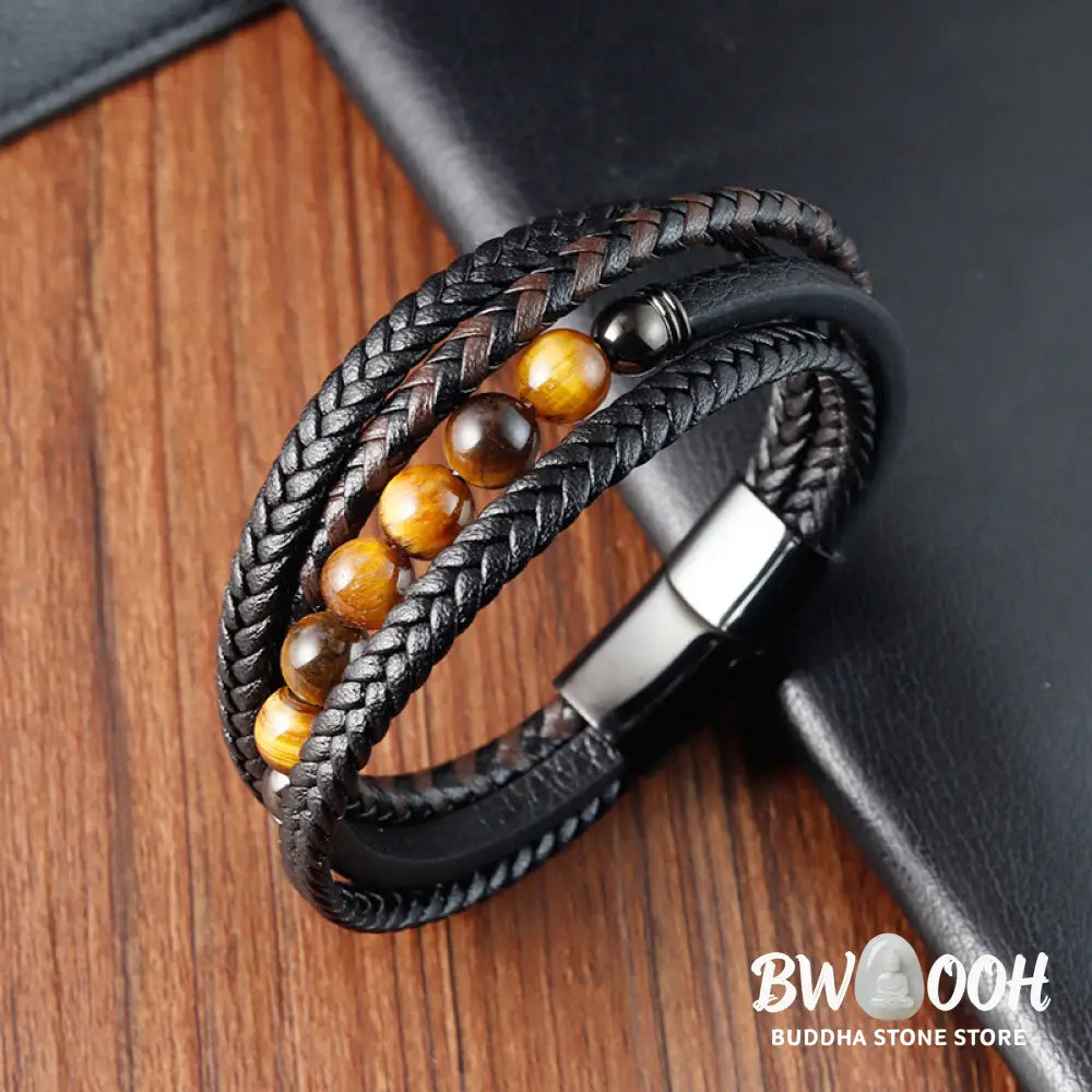 Buddha Stones Tiger Eye Stone Protection Leather Bracelet - BWOOOH - Tiger Eye(Wrist Circumference: 18-20cm) - Bracelet
