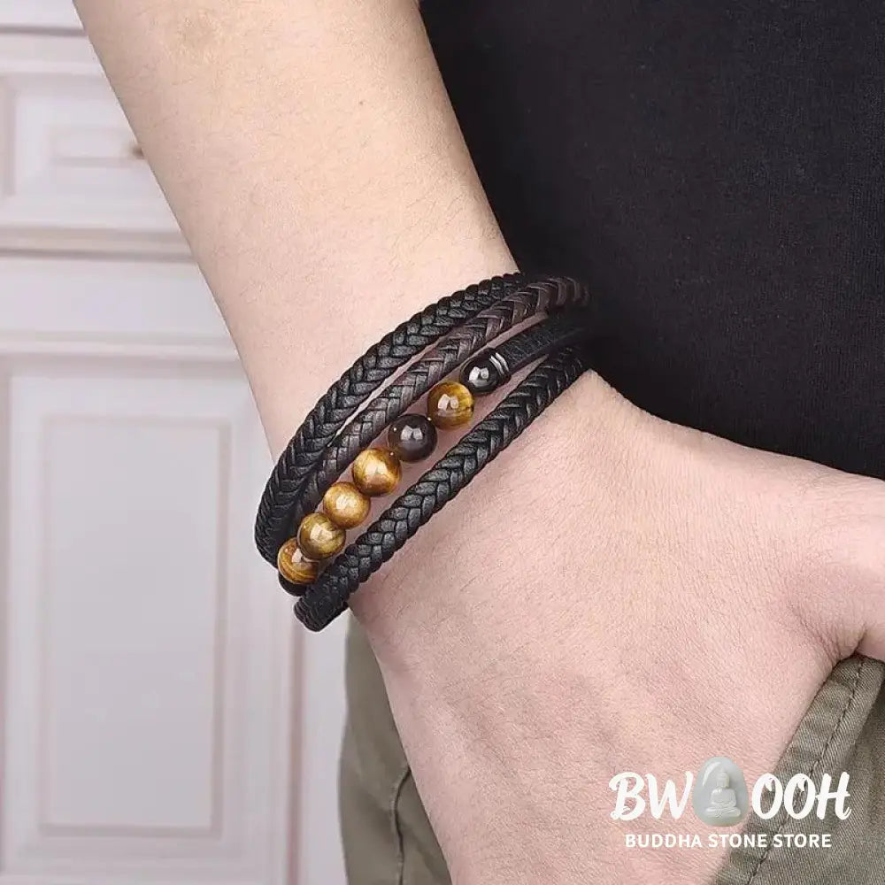Buddha Stones Tiger Eye Stone Protection Leather Bracelet - BWOOOH - Tiger Eye(Wrist Circumference: 18-20cm) - Bracelet