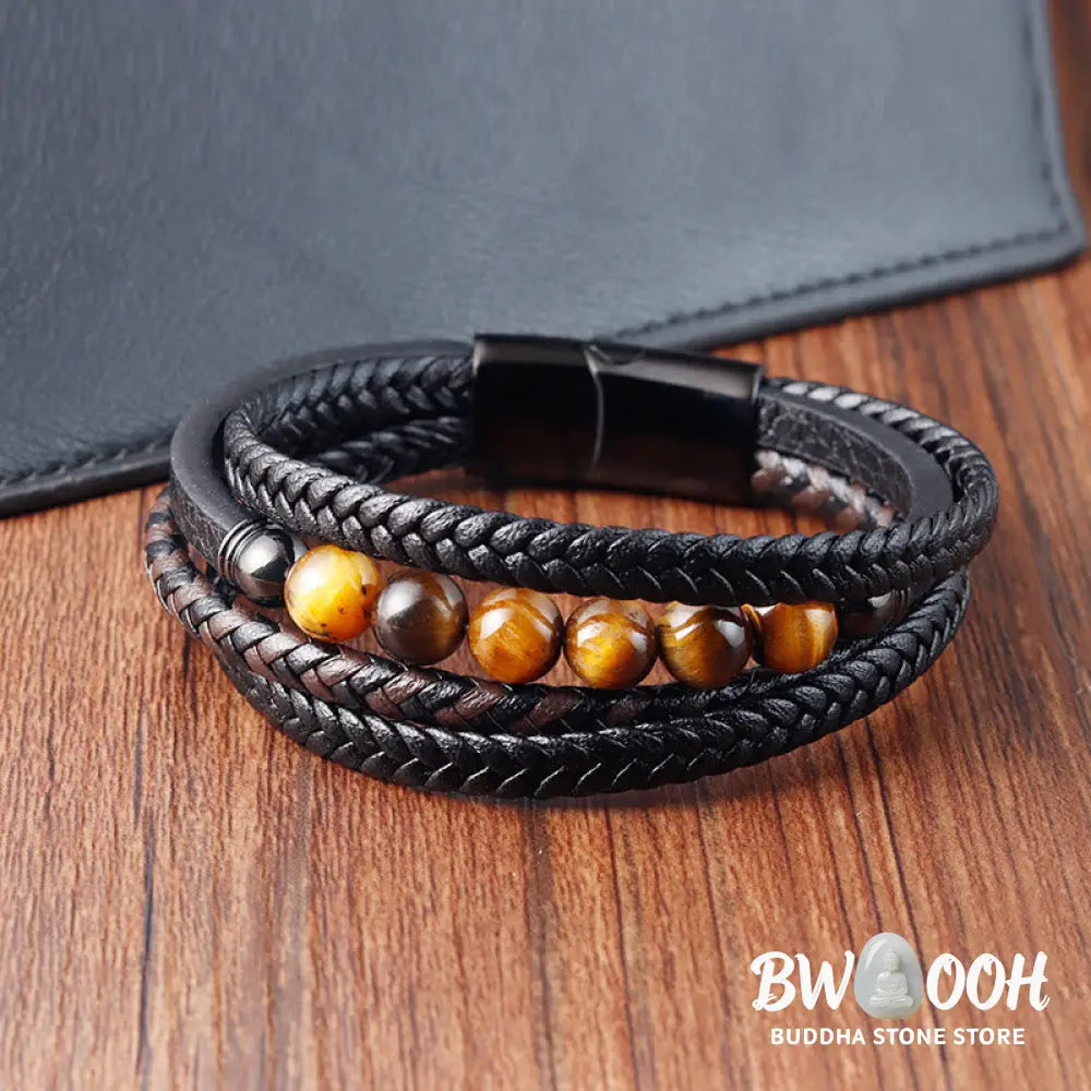 Buddha Stones Tiger Eye Stone Protection Leather Bracelet - BWOOOH - Tiger Eye(Wrist Circumference: 18-20cm) - Bracelet