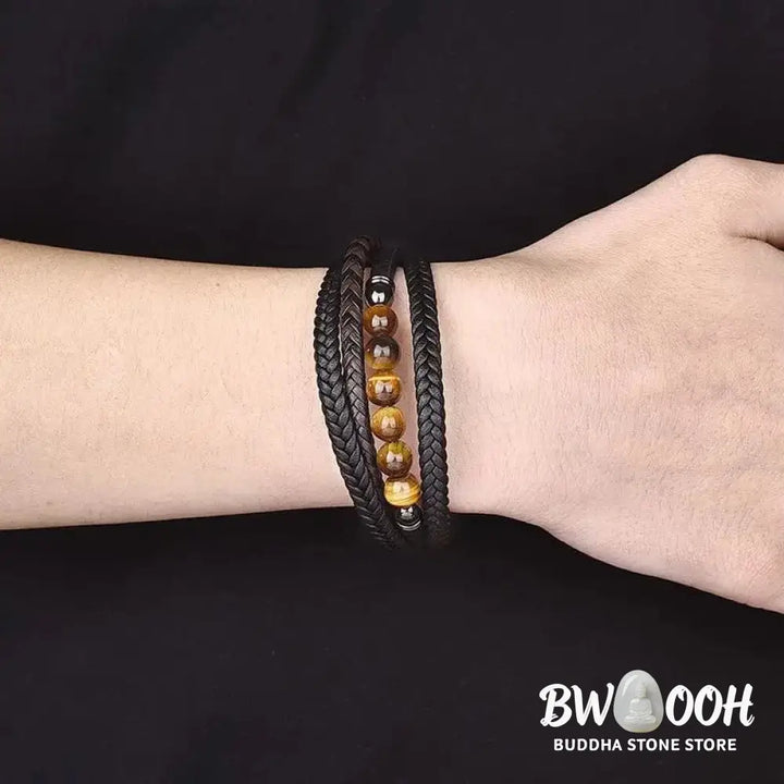 Buddha Stones Tiger Eye Stone Protection Leather Bracelet - BWOOOH - Tiger Eye(Wrist Circumference: 18-20cm) - Bracelet