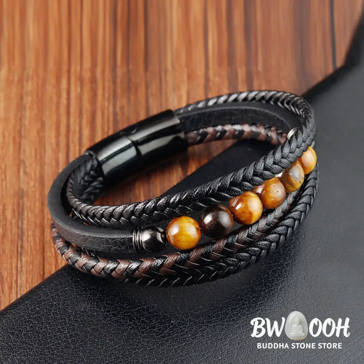 Buddha Stones Tiger Eye Stone Protection Leather Bracelet - BWOOOH - Tiger Eye(Wrist Circumference: 18-20cm) - Bracelet