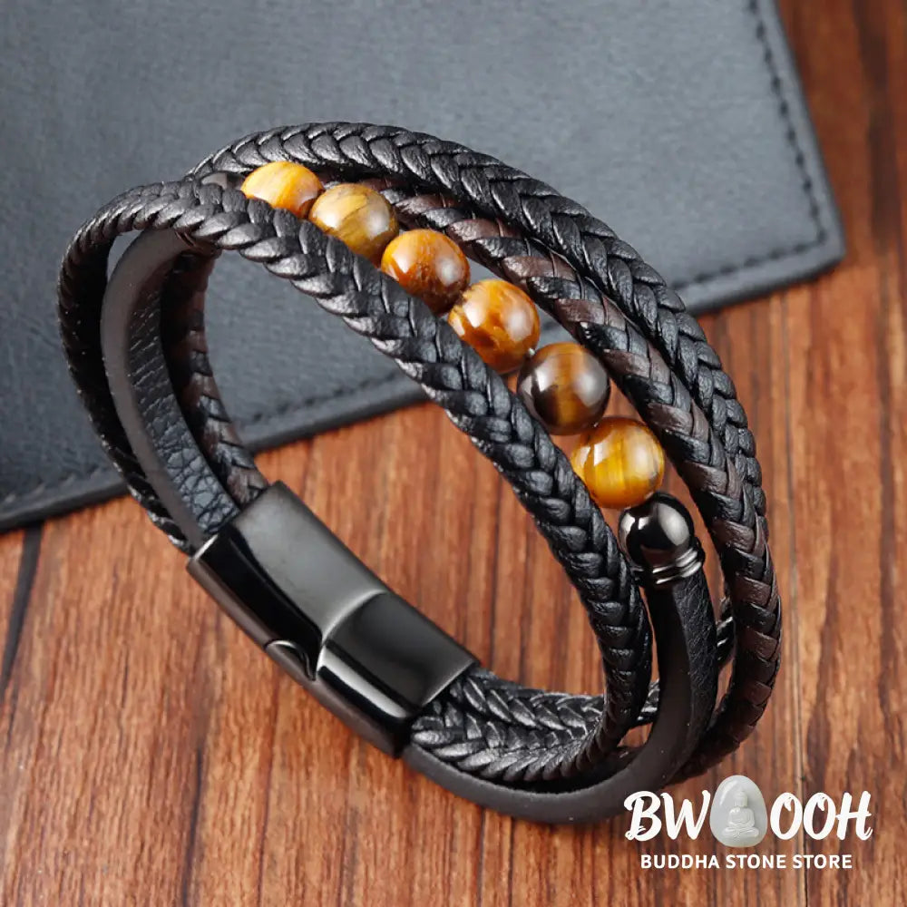 Buddha Stones Tiger Eye Stone Protection Leather Bracelet - BWOOOH - Tiger Eye(Wrist Circumference: 18-20cm) - Bracelet
