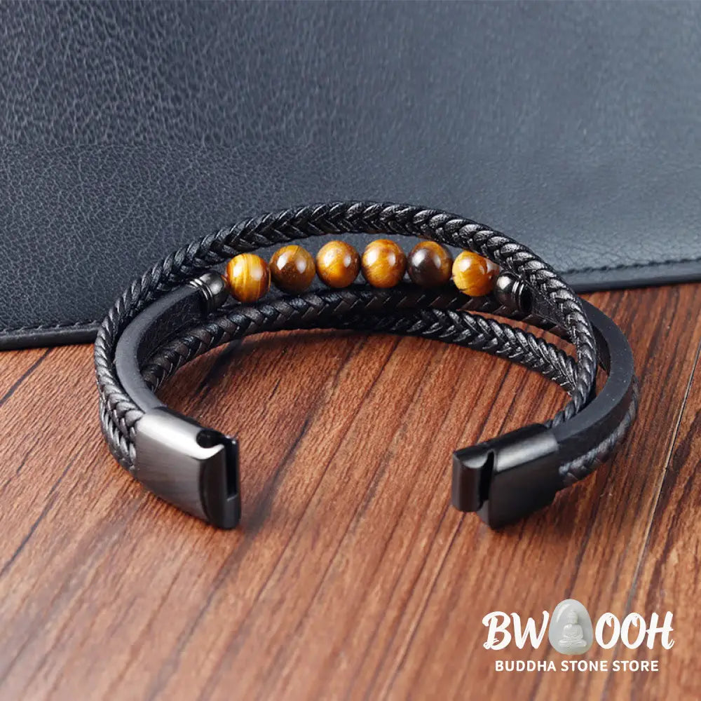 Buddha Stones Tiger Eye Stone Protection Leather Bracelet - BWOOOH - Tiger Eye(Wrist Circumference: 18-20cm) - Bracelet