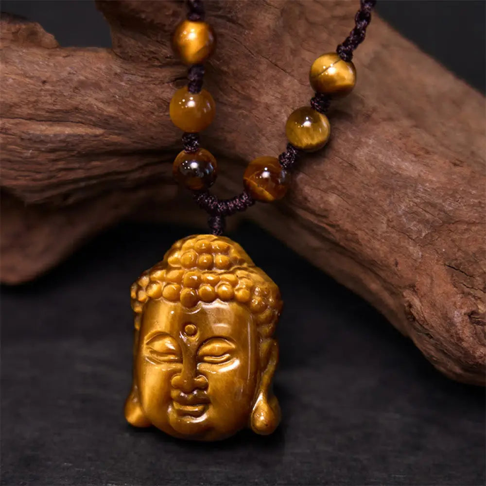 Buddha Stones Tiger Eye String Buddha Head Courage Necklace Pendant - BWOOOH - Tiger Eye Four Stranded Brown String