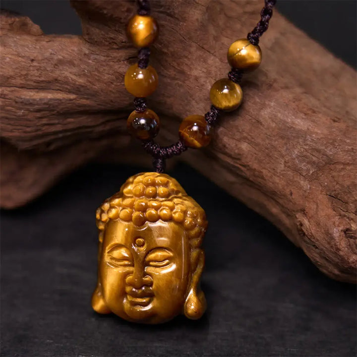 Buddha Stones Tiger Eye String Buddha Head Courage Necklace Pendant - BWOOOH - Tiger Eye Four Stranded Brown String