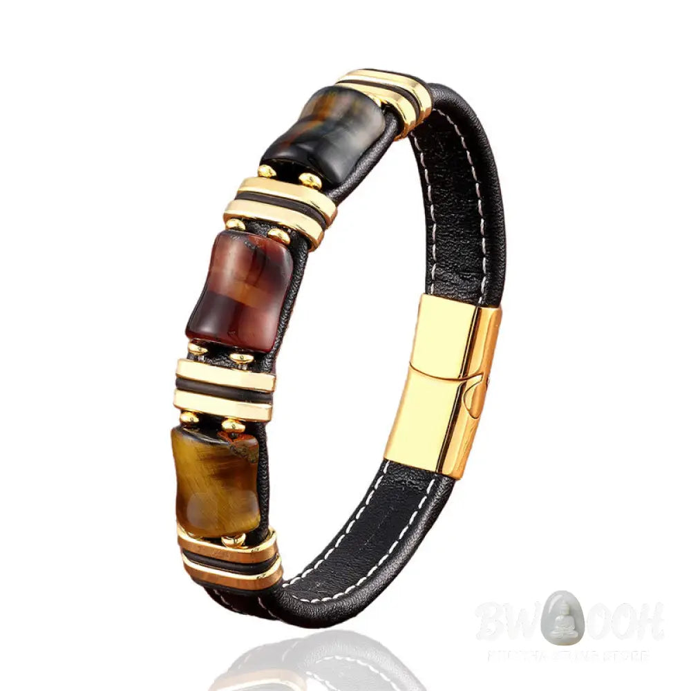 Buddha Stones Tiger Eye Three Bamboo Stone Protection Power Leather Bracelet - BWOOOH - Bracelet