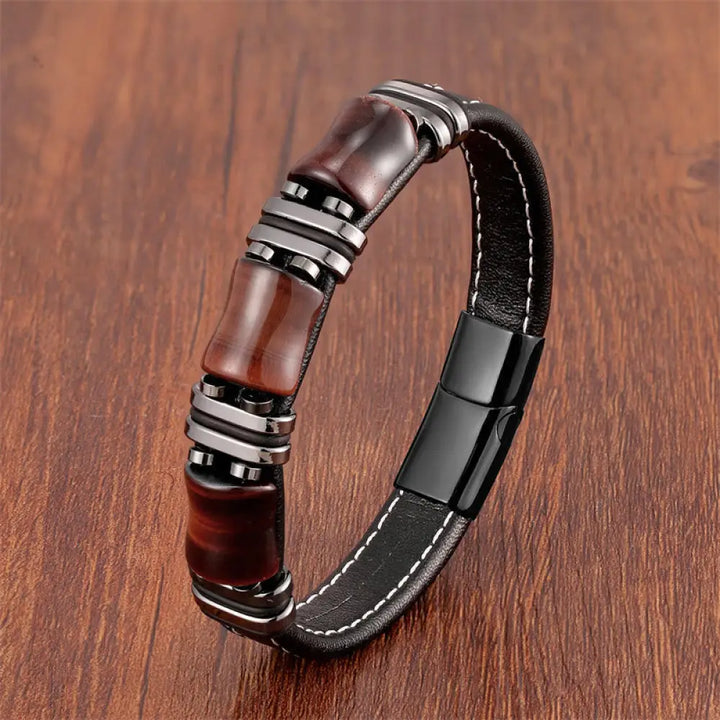 Buddha Stones Tiger Eye Three Bamboo Stone Protection Power Leather Bracelet - BWOOOH - Brown-Red Tiger Eye-Black