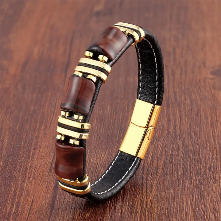 Buddha Stones Tiger Eye Three Bamboo Stone Protection Power Leather Bracelet - BWOOOH - Brown-Red Tiger Eye-Gold