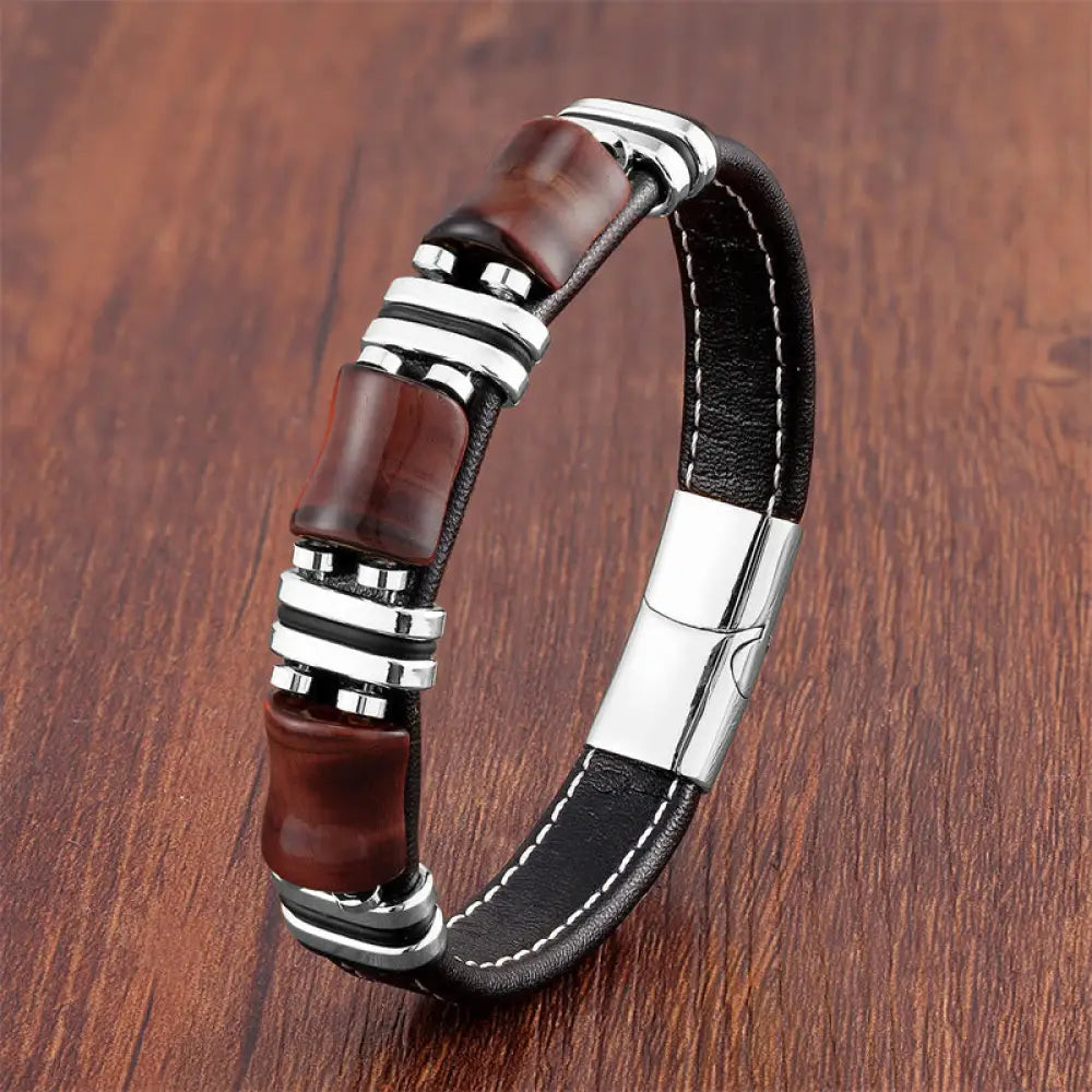 Buddha Stones Tiger Eye Three Bamboo Stone Protection Power Leather Bracelet - BWOOOH - Brown-Red Tiger Eye-Silver