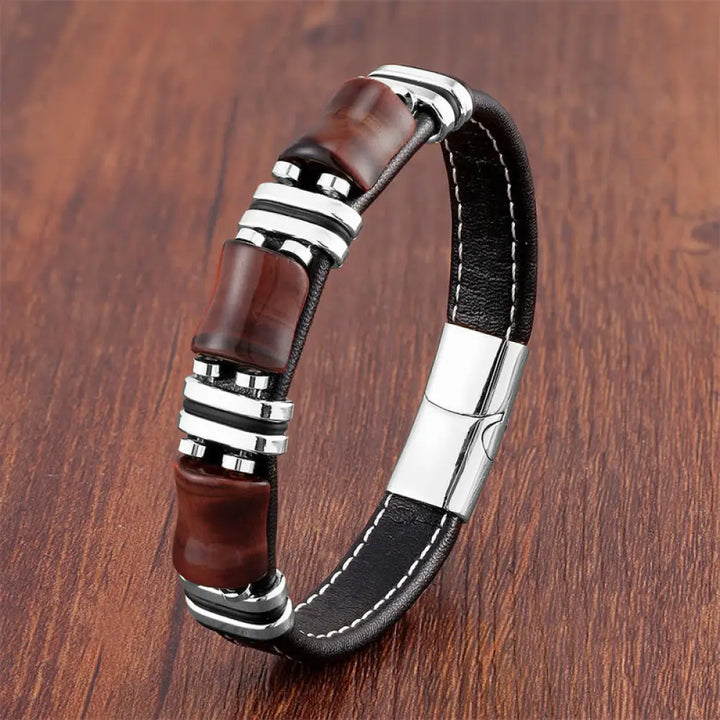 Buddha Stones Tiger Eye Three Bamboo Stone Protection Power Leather Bracelet - BWOOOH - Brown-Red Tiger Eye-Silver