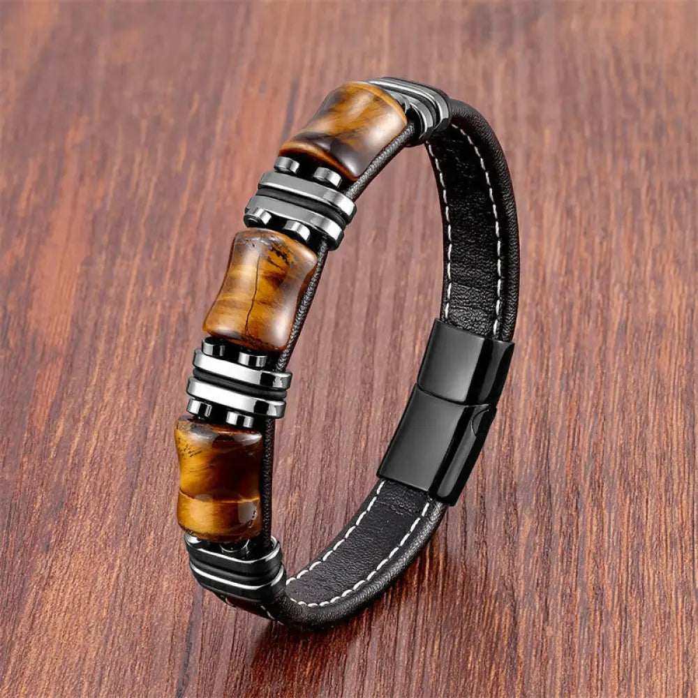 Buddha Stones Tiger Eye Three Bamboo Stone Protection Power Leather Bracelet - BWOOOH - Yellow Tiger Eye-Black
