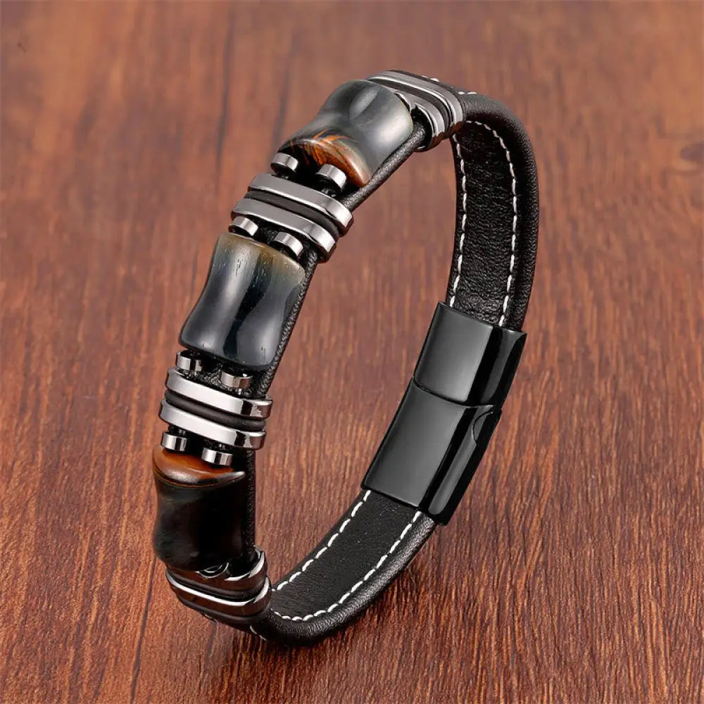 Buddha Stones Tiger Eye Three Bamboo Stone Protection Power Leather Bracelet - BWOOOH - Yellow-Black Tiger Eye-Black