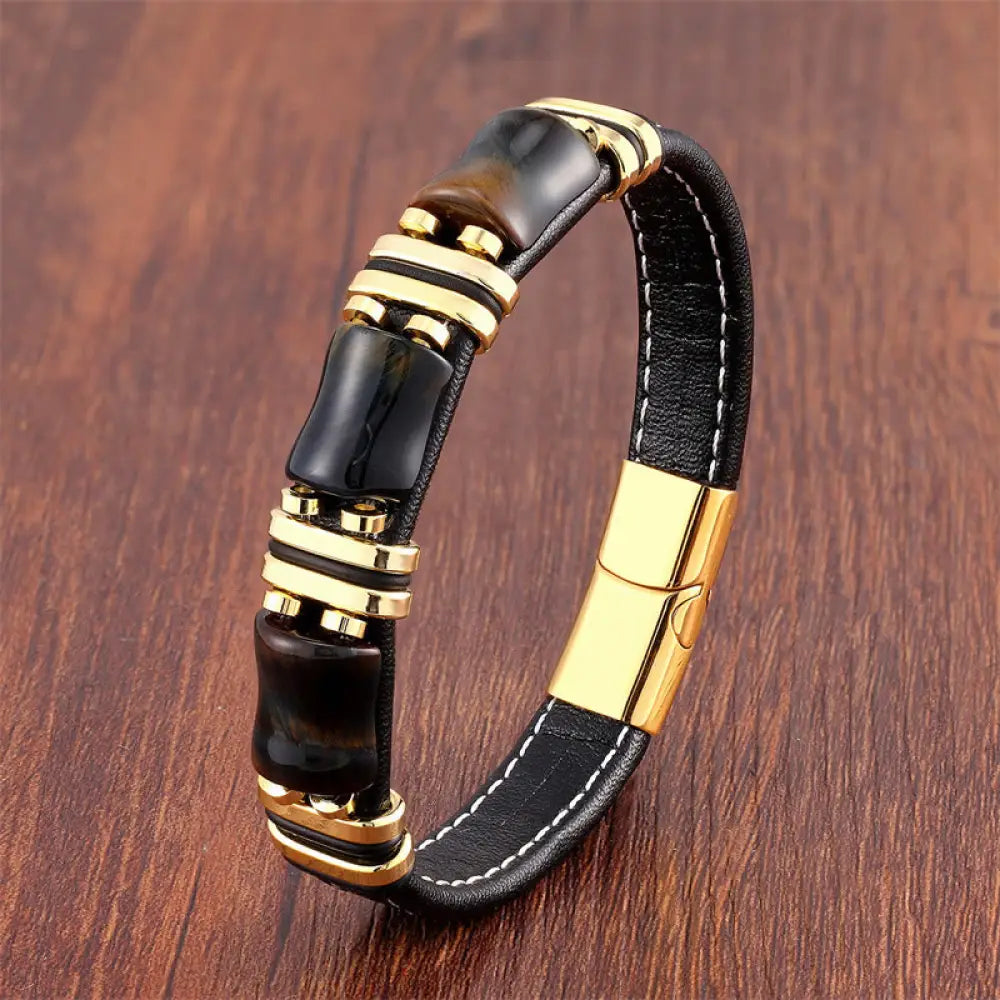 Buddha Stones Tiger Eye Three Bamboo Stone Protection Power Leather Bracelet - BWOOOH - Yellow-Black Tiger Eye-Gold