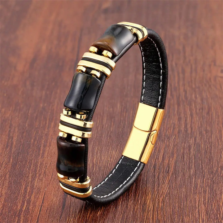 Buddha Stones Tiger Eye Three Bamboo Stone Protection Power Leather Bracelet - BWOOOH - Yellow-Black Tiger Eye-Gold