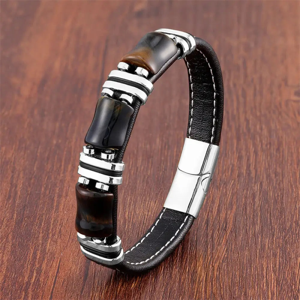Buddha Stones Tiger Eye Three Bamboo Stone Protection Power Leather Bracelet - BWOOOH - Yellow-Black Tiger Eye-Silver