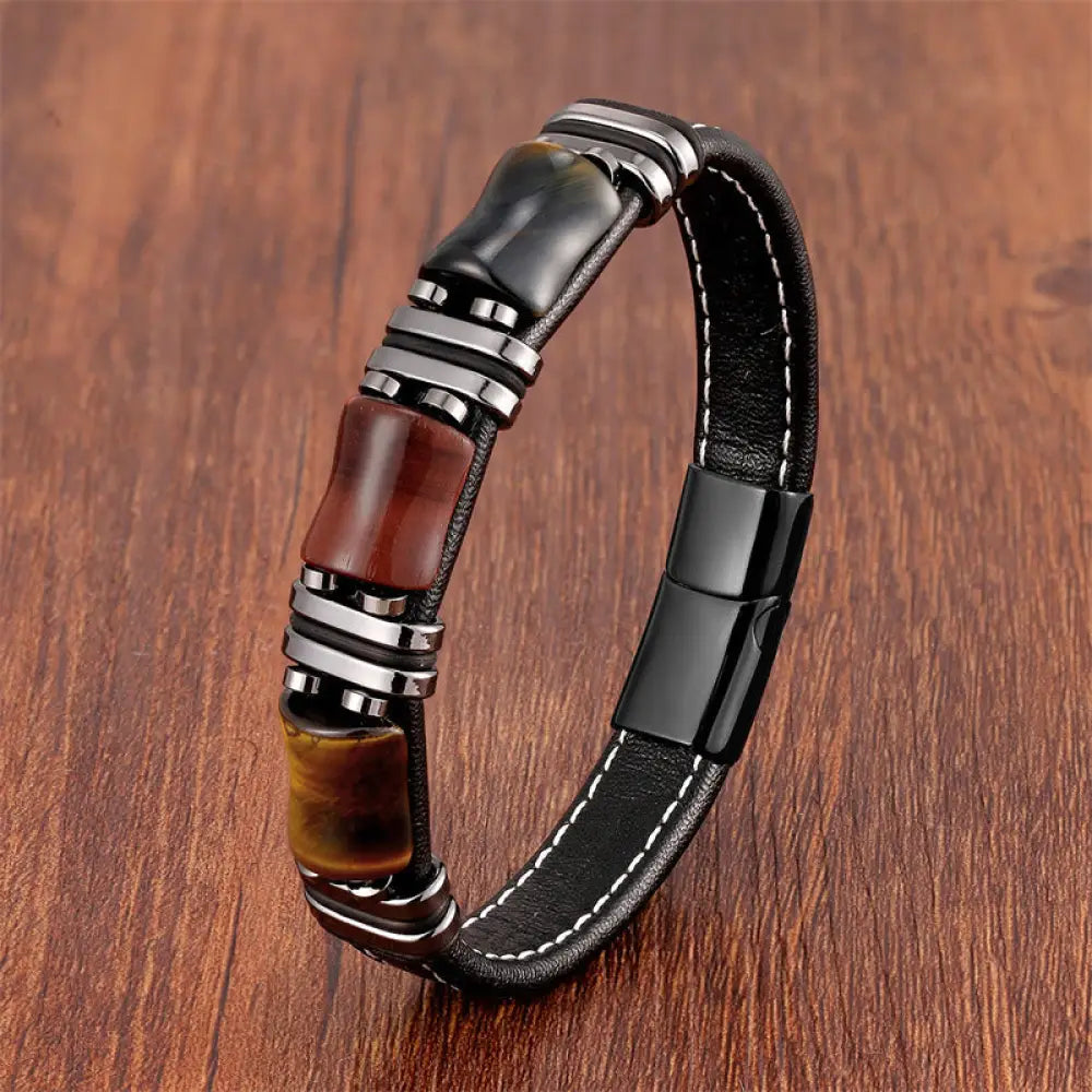 Buddha Stones Tiger Eye Three Bamboo Stone Protection Power Leather Bracelet - BWOOOH - Yellow-Brown-Red-Black Tiger