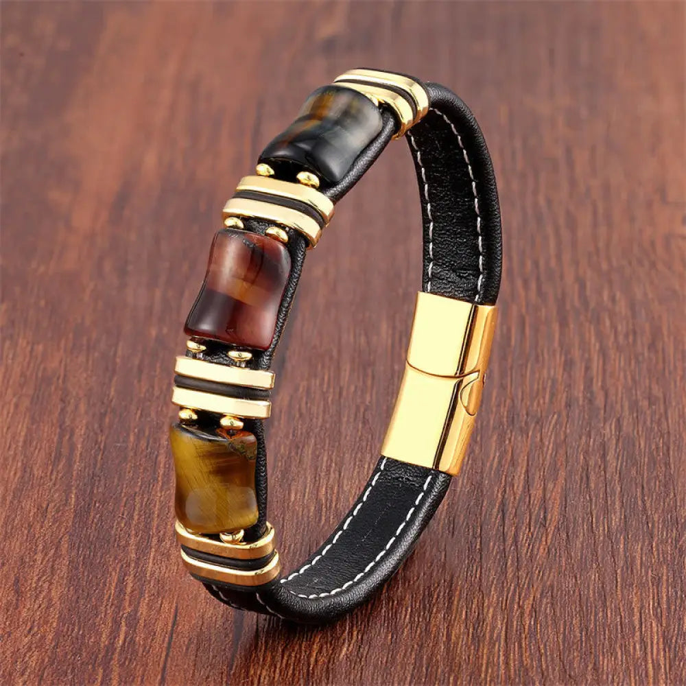 Buddha Stones Tiger Eye Three Bamboo Stone Protection Power Leather Bracelet - BWOOOH - Yellow-Brown-Red-Black Tiger