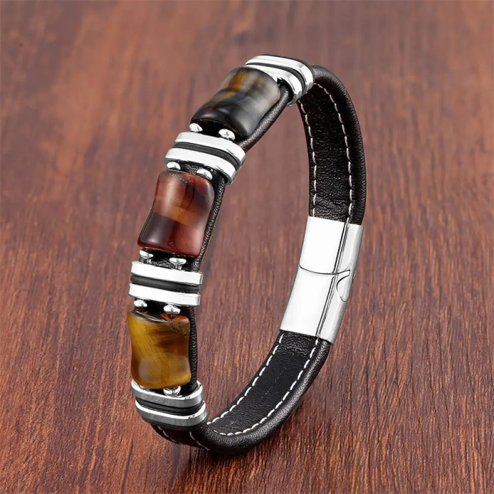 BWOOOH Tiger Eye Three Bamboo Stone Protection Power Leather Bracelet - BWOOOH - Yellow-Brown-Red-Black Tiger