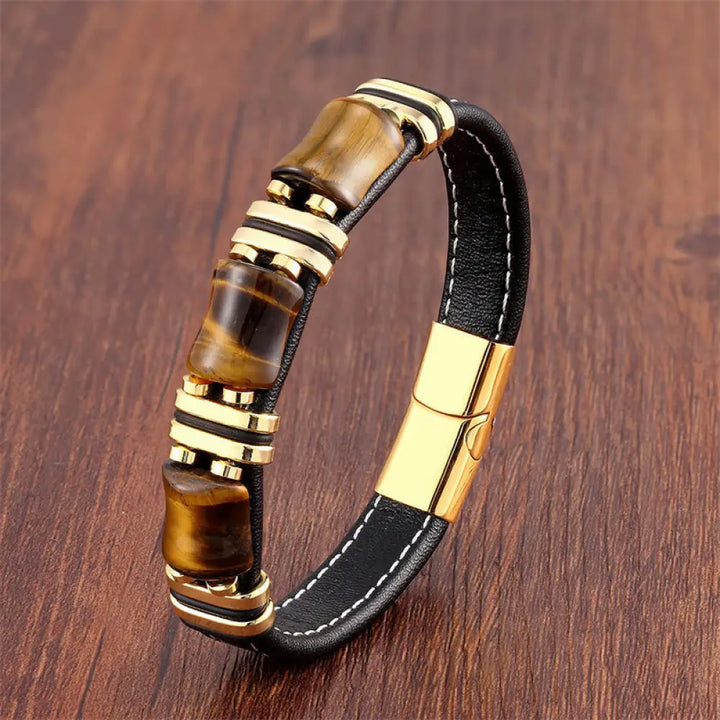 Buddha Stones Tiger Eye Three Bamboo Stone Protection Power Leather Bracelet - BWOOOH - Yellow Tiger Eye-Gold / 16-18cm
