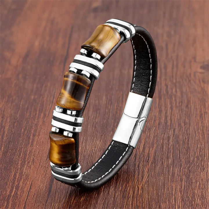 Buddha Stones Tiger Eye Three Bamboo Stone Protection Power Leather Bracelet - BWOOOH - Yellow Tiger Eye-Silver