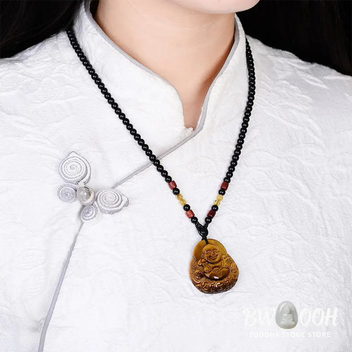Buddha Stones Tiger’s Eye Laughing Buddha Blessing Necklace - BWOOOH - Tiger Eye - Necklaces &amp; Pendants